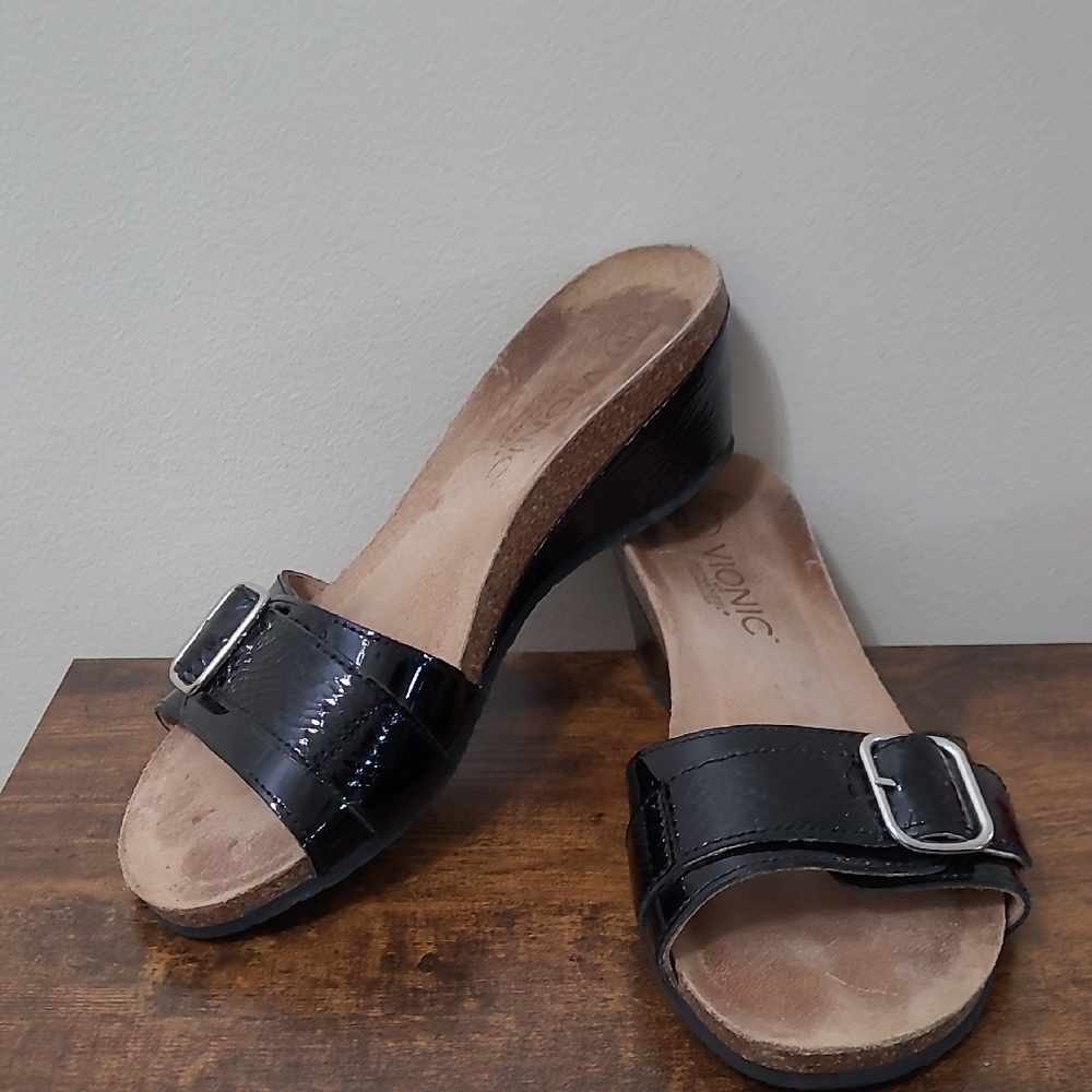 Vionic Black Patent Wedge Sandals with Buckle